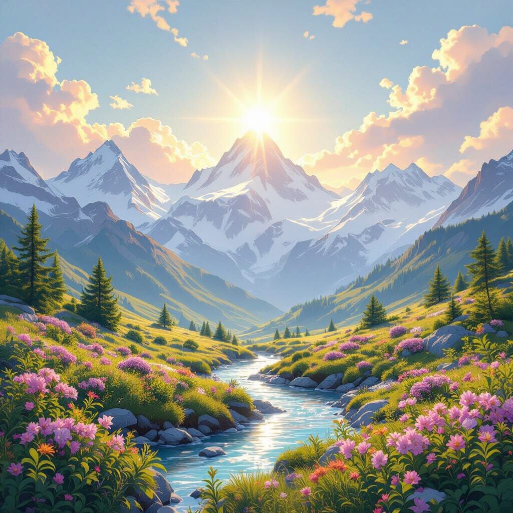 Joyful Mountain Vista with Blooming Nature and Clear River