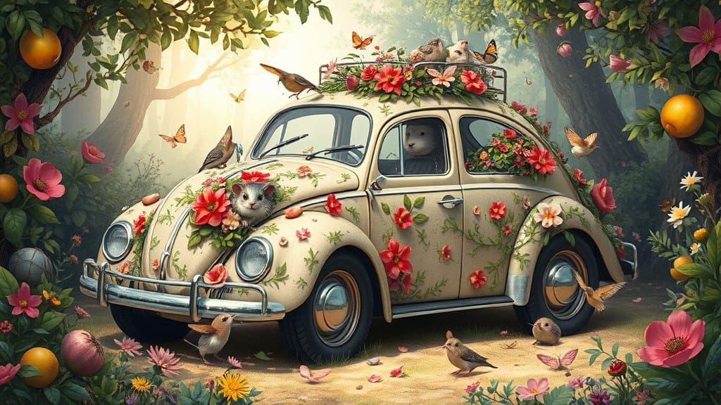 Whimsical Fantasy Vehicle in Nature's Embrace