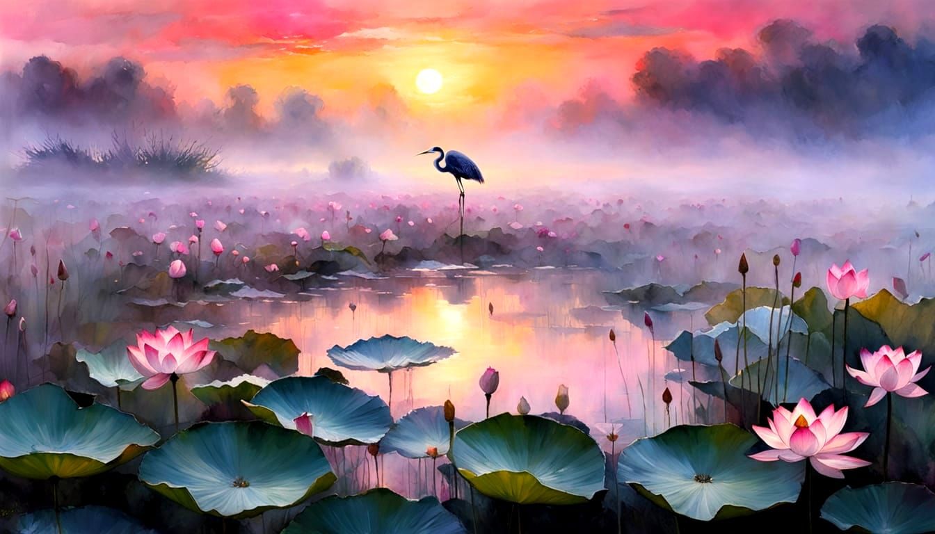 Exotic Fractal Landscape with Lotus and Heron
