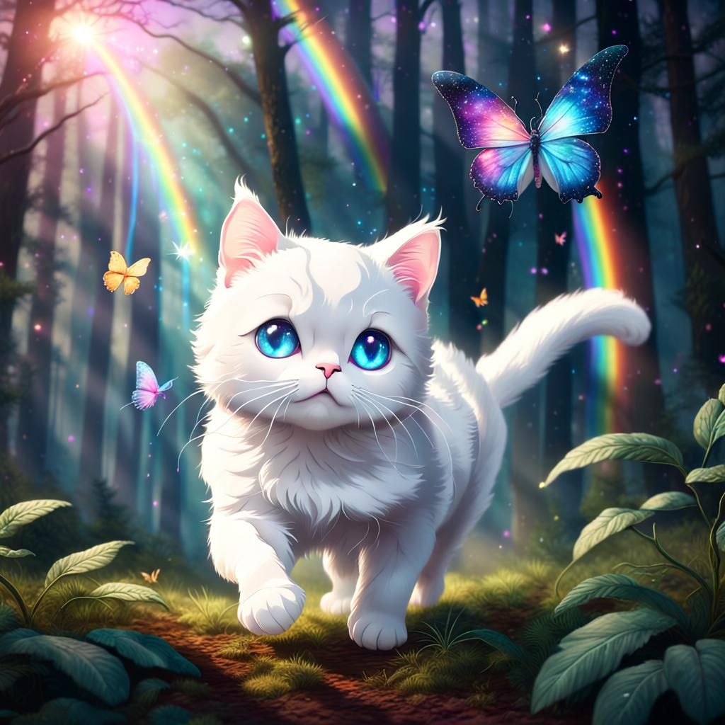 Cat with Galaxy Eyes Chasing Butterfly