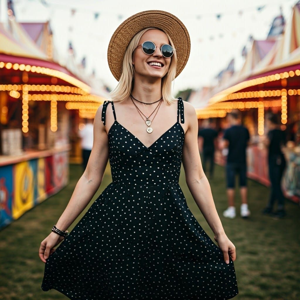 Vibrant Carnival Scene in a Polka-Dot Dress