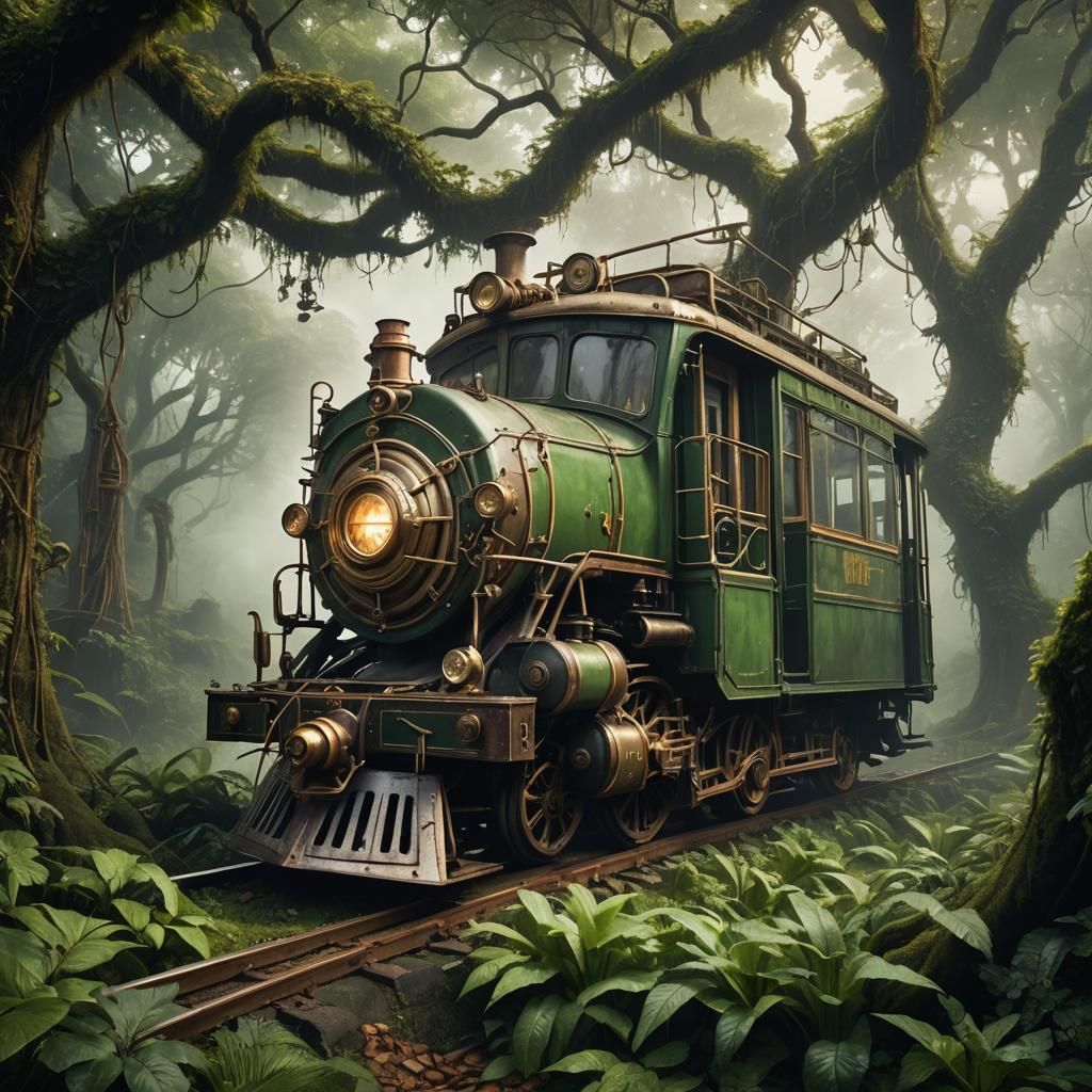 Steampunk Tram in Jungle with Victorian-Era Aesthetic