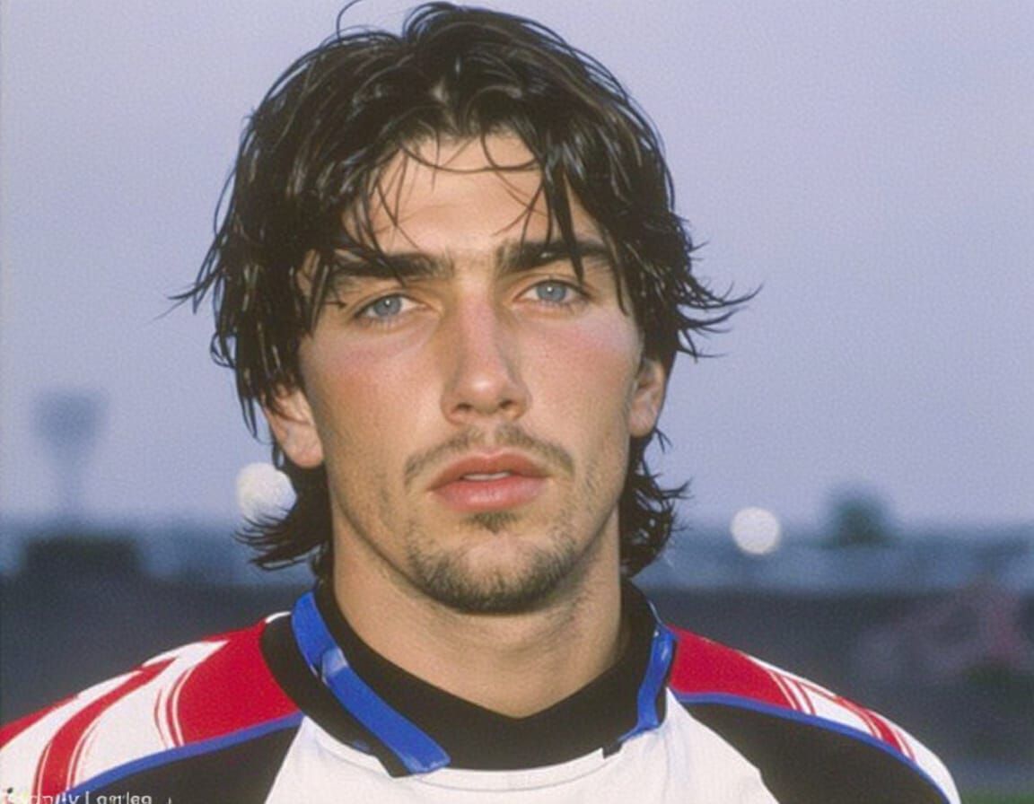 Male Soccer Player Headshot with Shaggy Hair and Blue Eyes