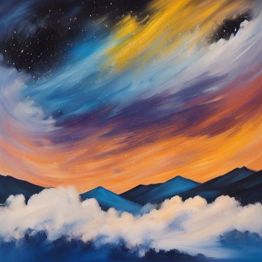 Colorful Skis and Clouds in Vibrant Digital Art Style