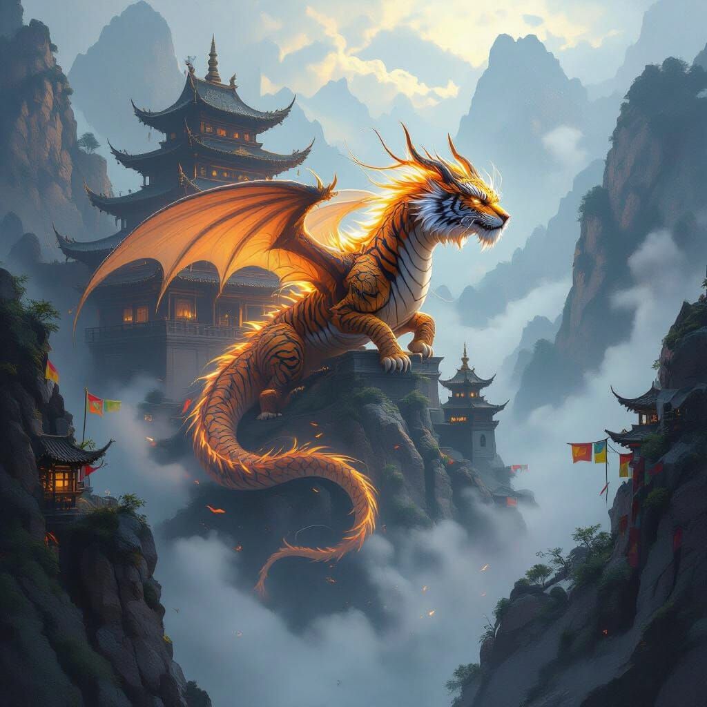 Tiger-Dragon Soars Through Misty Mountain Temple