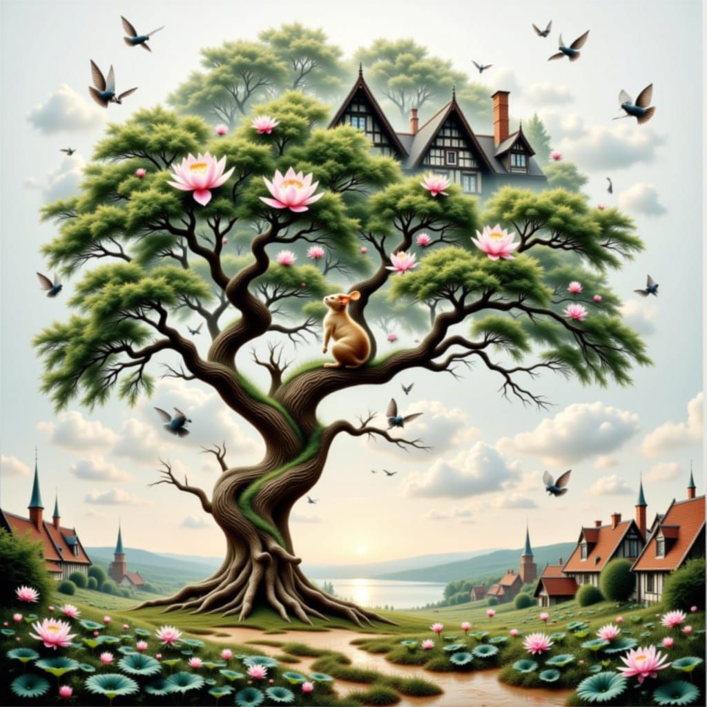 Surreal Double Exposure Art: Mouse, Cat, and Village