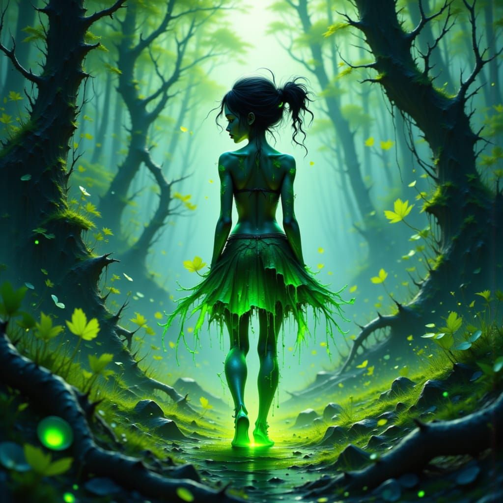 Neon Forest Creature in See-Through Skirt