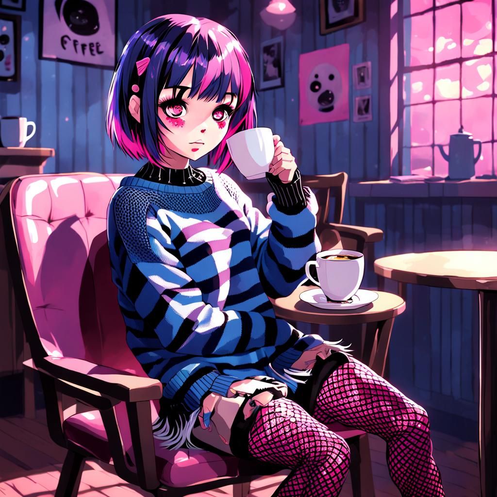 Cute Emo Girl in Striped Sweater and Fishnets, Soft Lighting