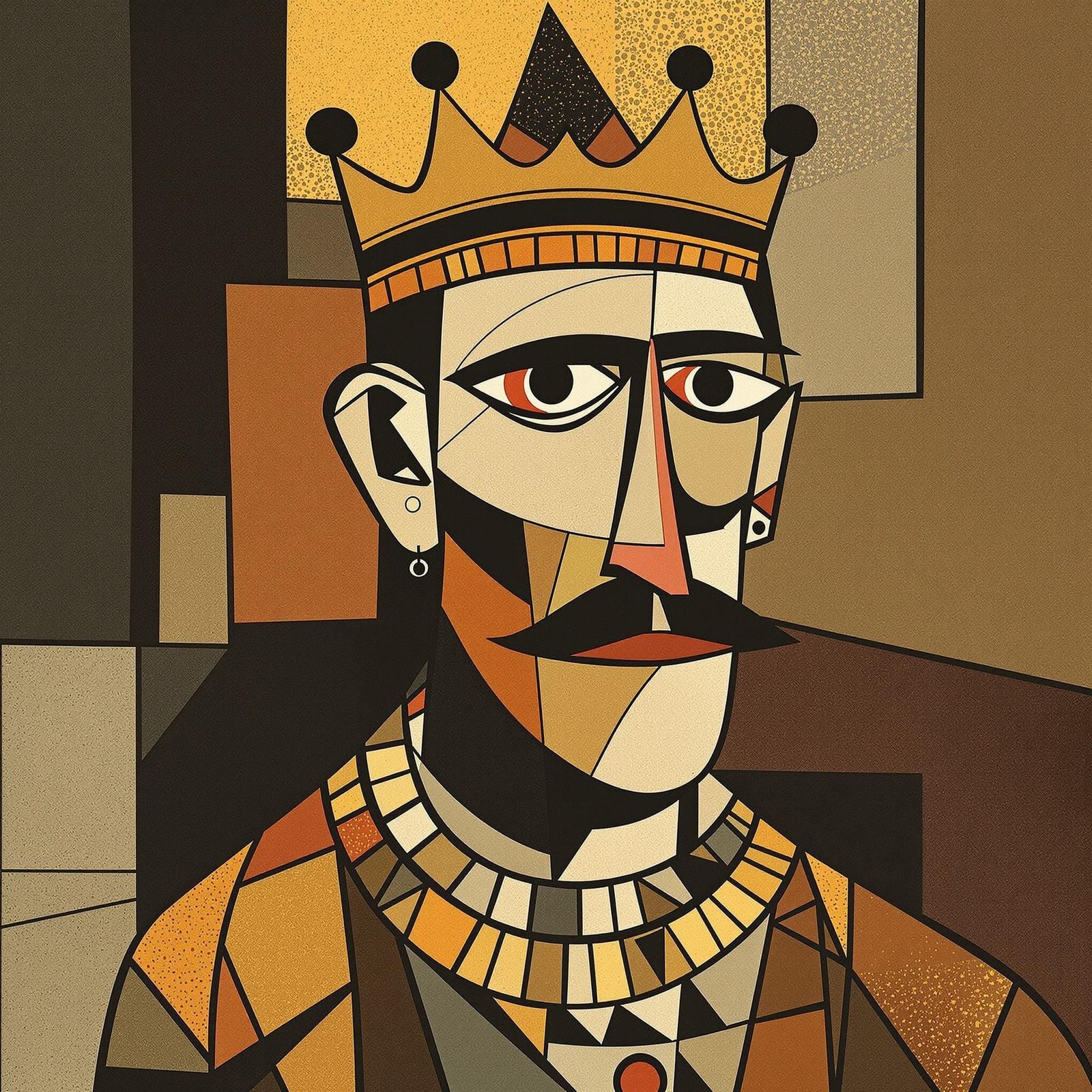 Cubist Portrait of a Regal Monarch in Earthy Tones