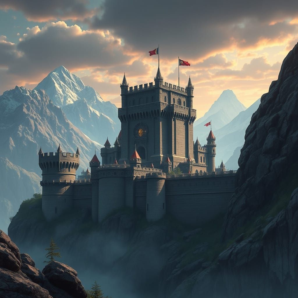 Majestic Ironkeep Fortresses Against Breathtaking Mountainou...