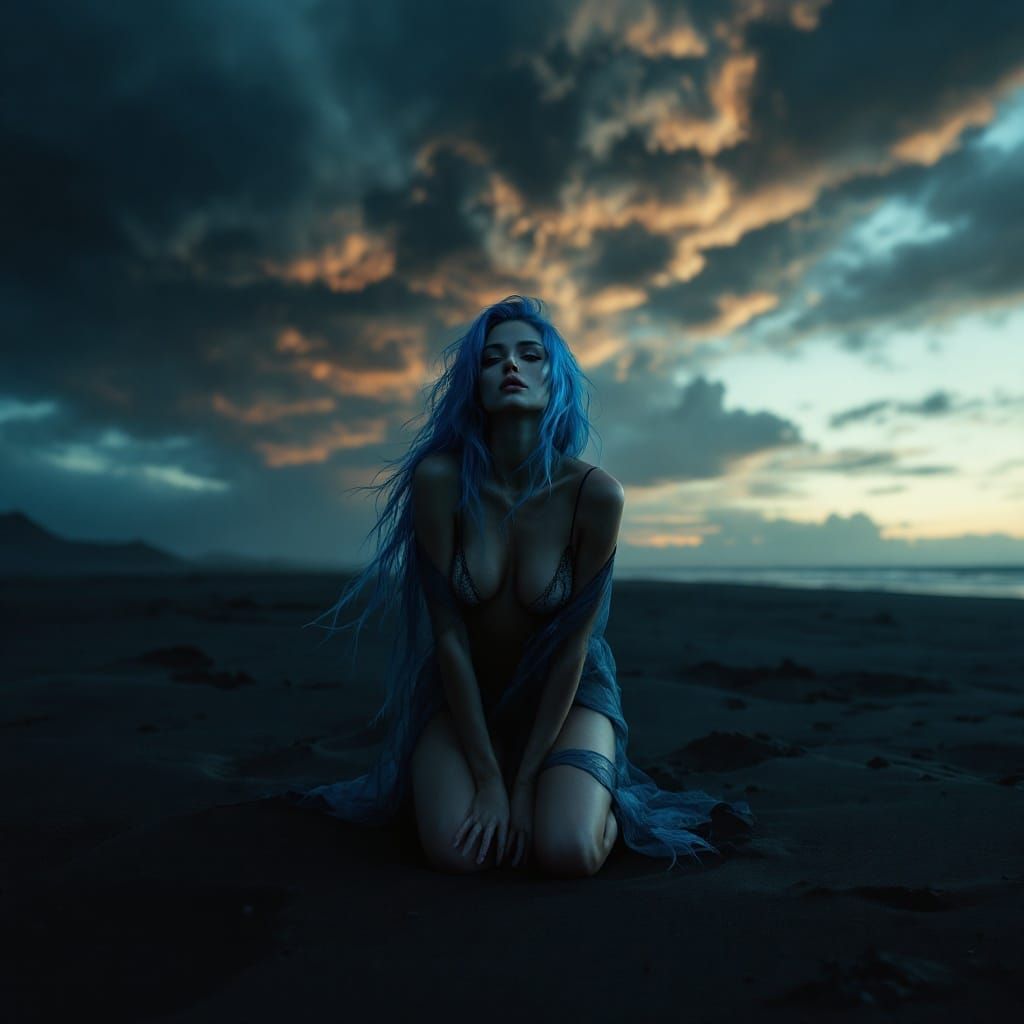 Blue-Haired Woman on Volcanic Beach in Noir Style