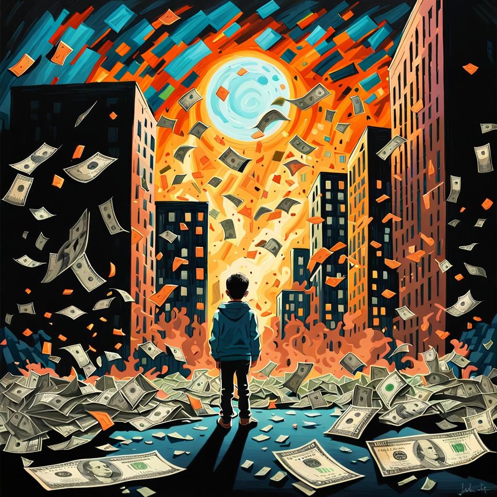 Eerie Cityscape Splatter Painting with Glowing Money