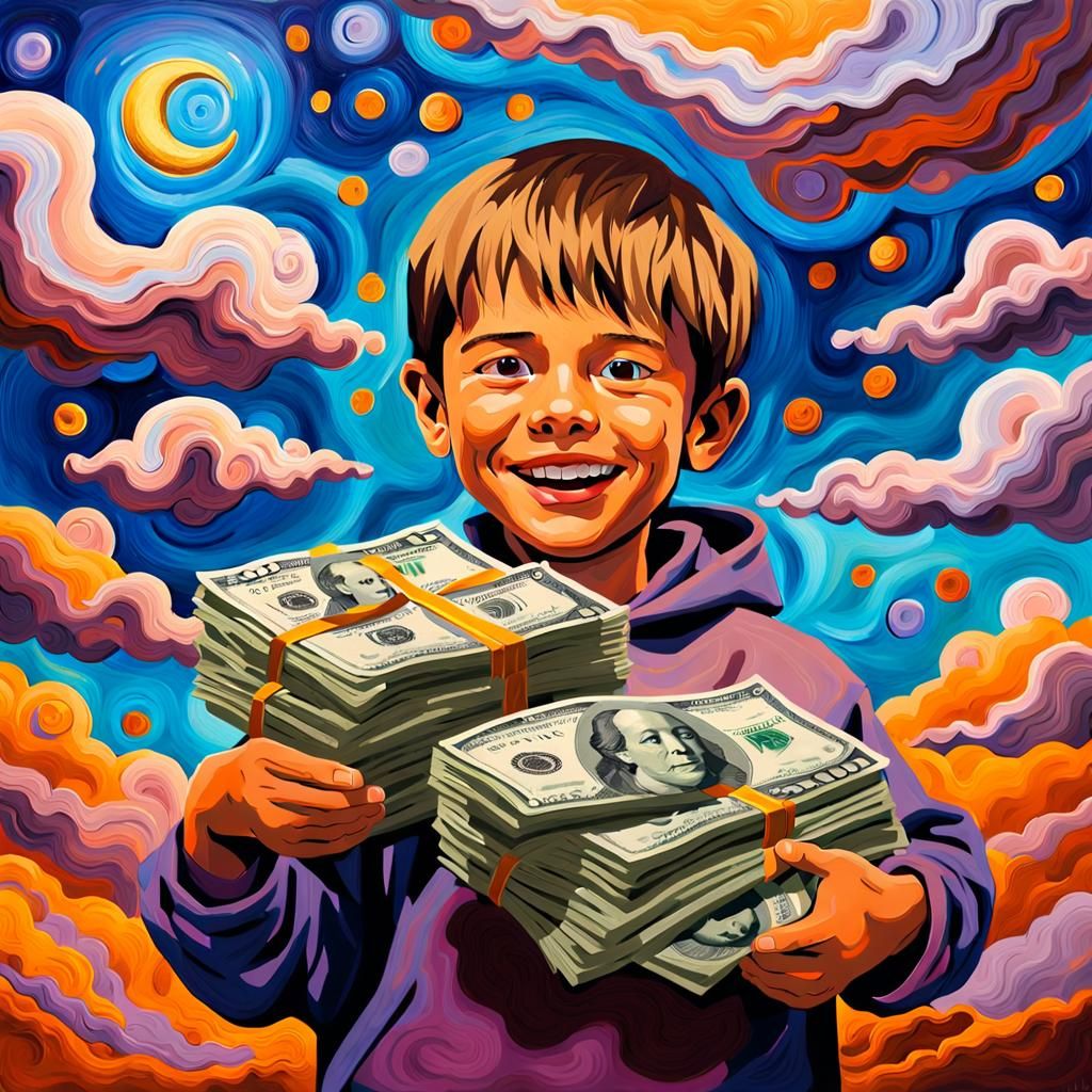 Happy Kid with Money in Expressionist Style