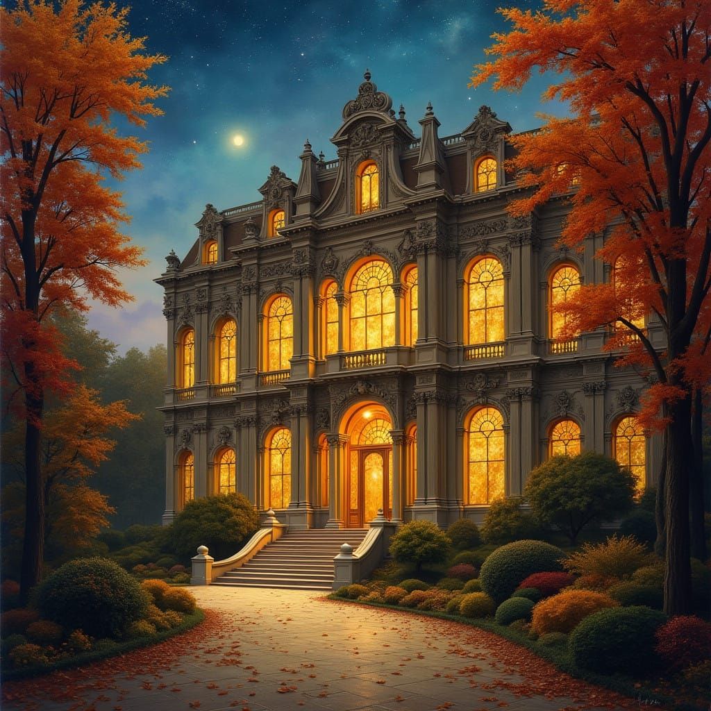 Majestic Autumn Palace Amidst Vibrant Forest Landscape