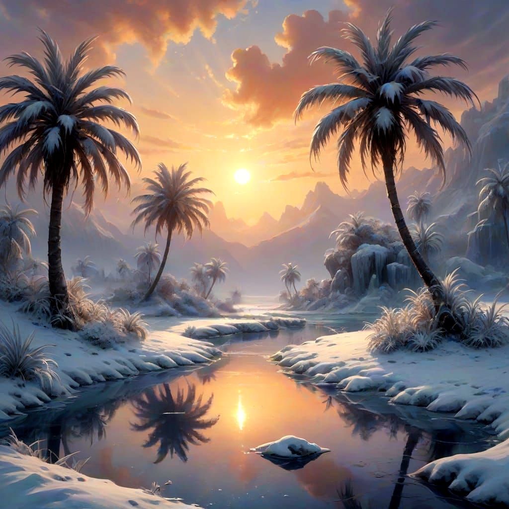 Mystical Winter Oasis in Vibrant Sunrise