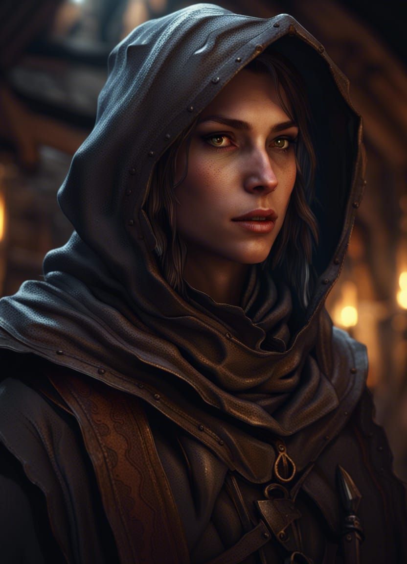 Fantasy Rogue Portrait in Medieval Marketplace