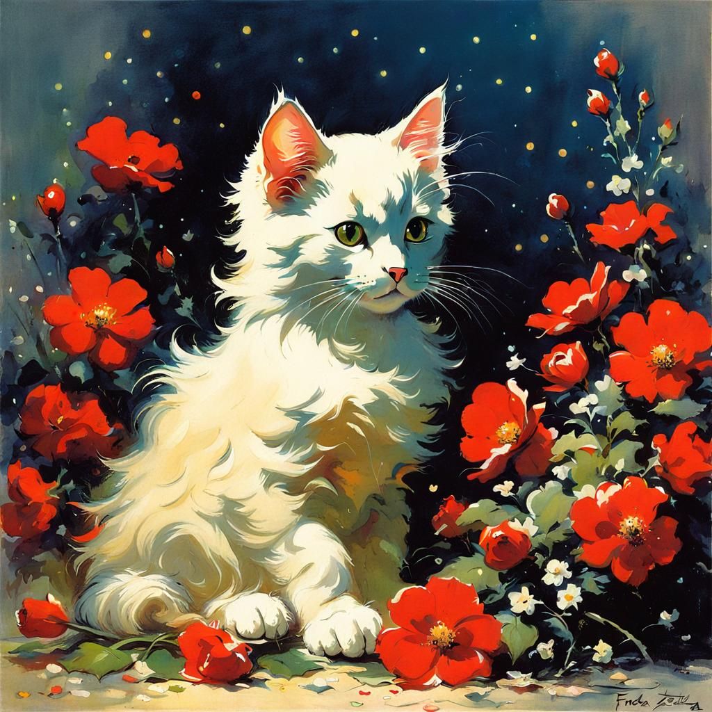 Cute Cat Surrounded by Flowers in Fantasy Style