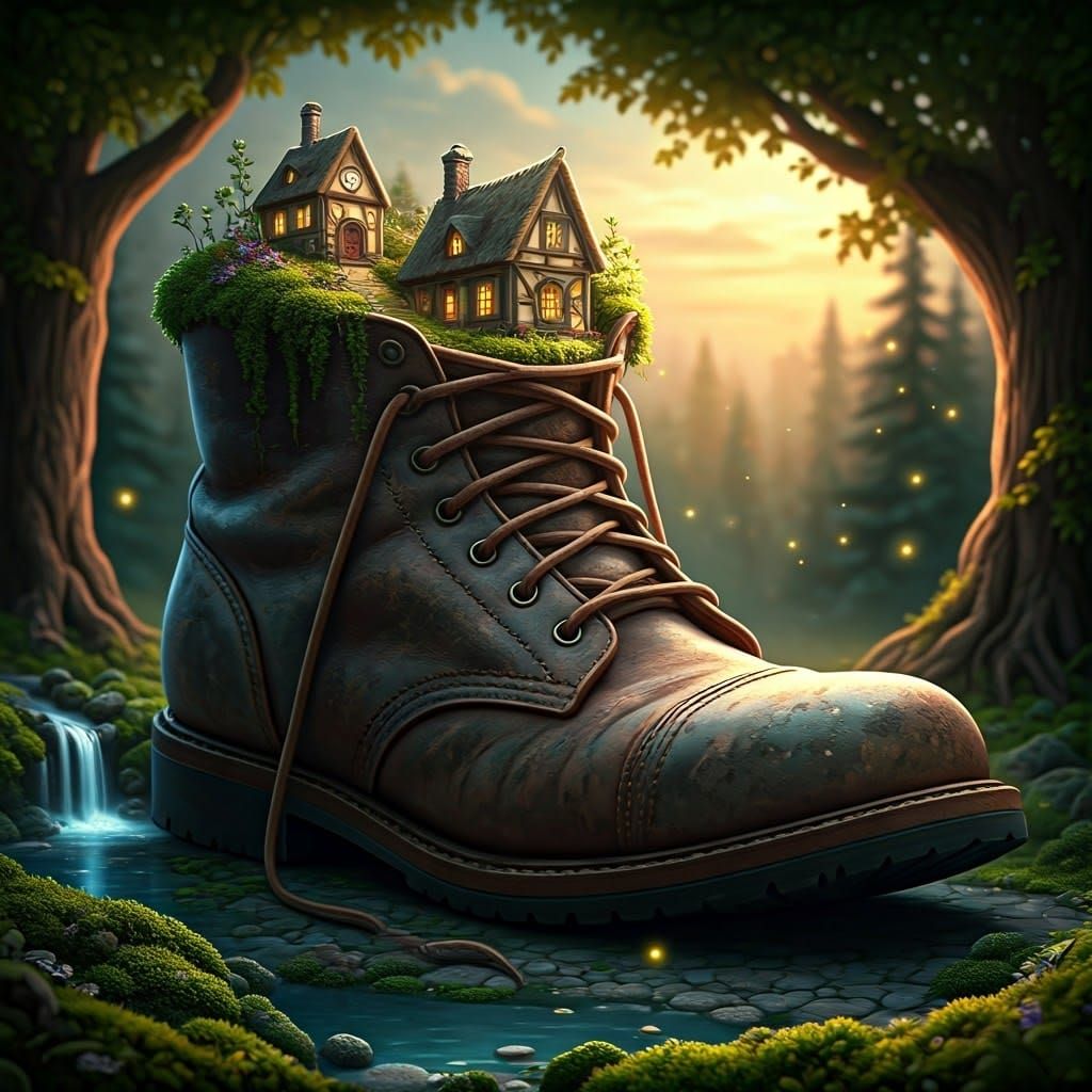 Miniature Village Inside a Weathered Leather Boot
