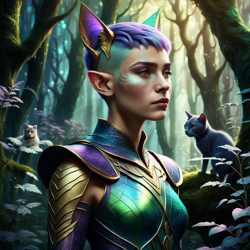 Mystical Elf with Cat Ears in Matte Painting Style