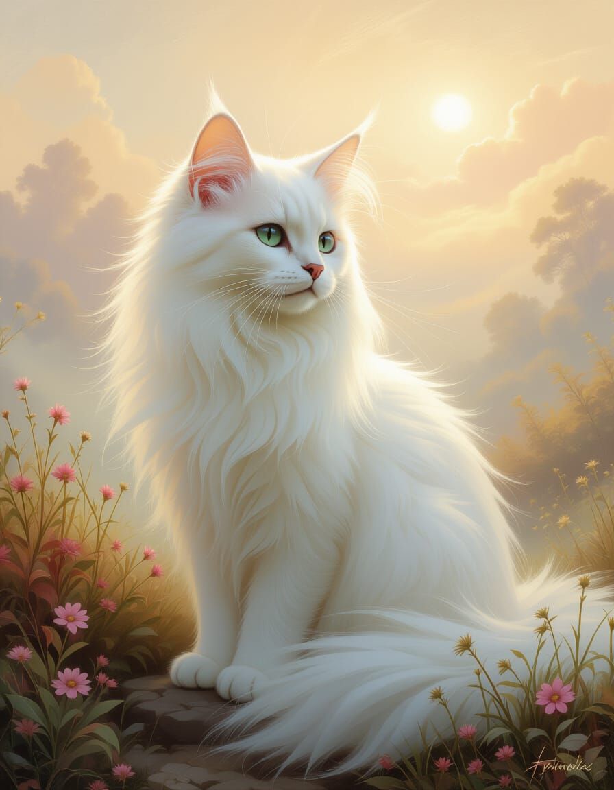 Ethereal Ghost Cat in Dreamy Landscape as Whimsical Painting