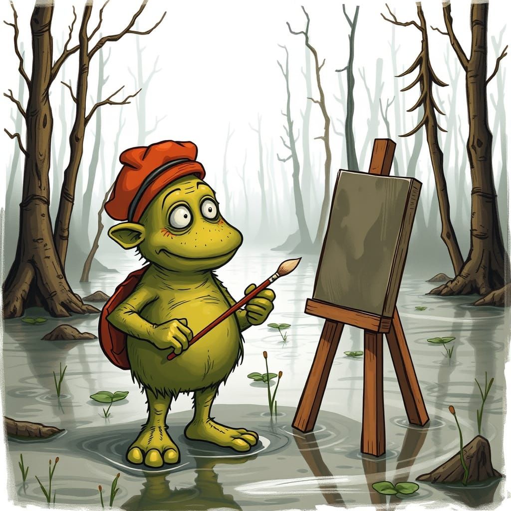 Cartoon Boggart Painting in Endless Swamp