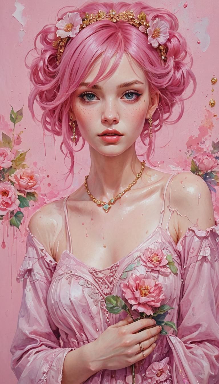 Fantasy Girl with Pink Hair in Dripping Paint Style