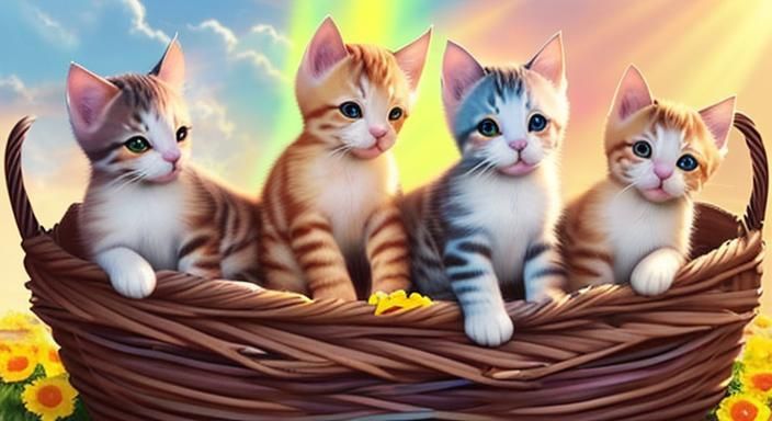 Playful Kittens in Wicker Basket, Hyperrealistic Art