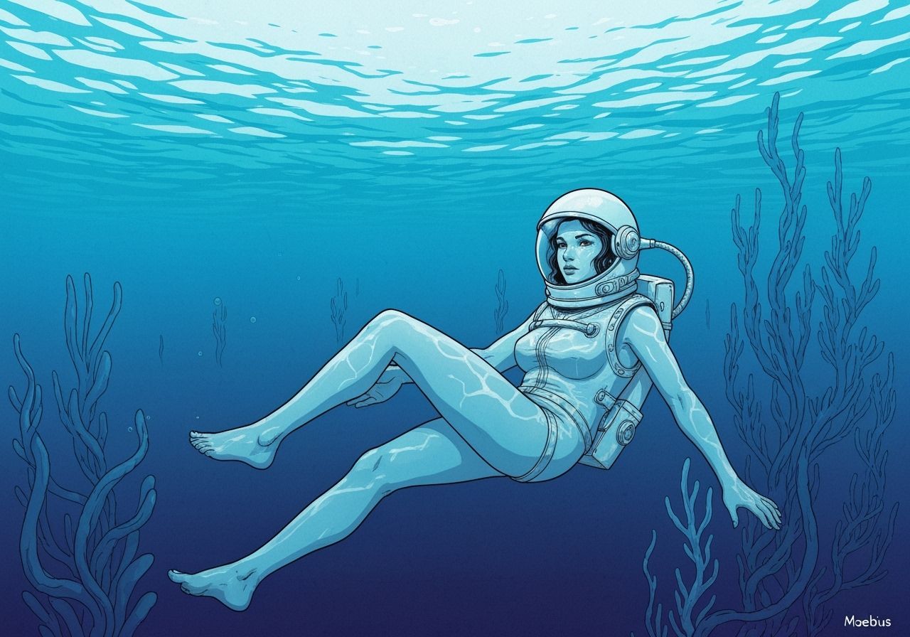 Astronaut Woman Explores Deep Sea in Minimalist Style