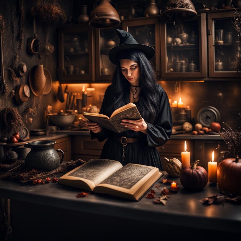 Modern Witch Immersed in Spellbook, Hyperrealistic Image