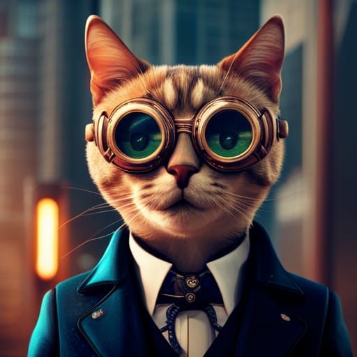 Steampunk Cat Portrait in Retro-Futuristic Cityscape