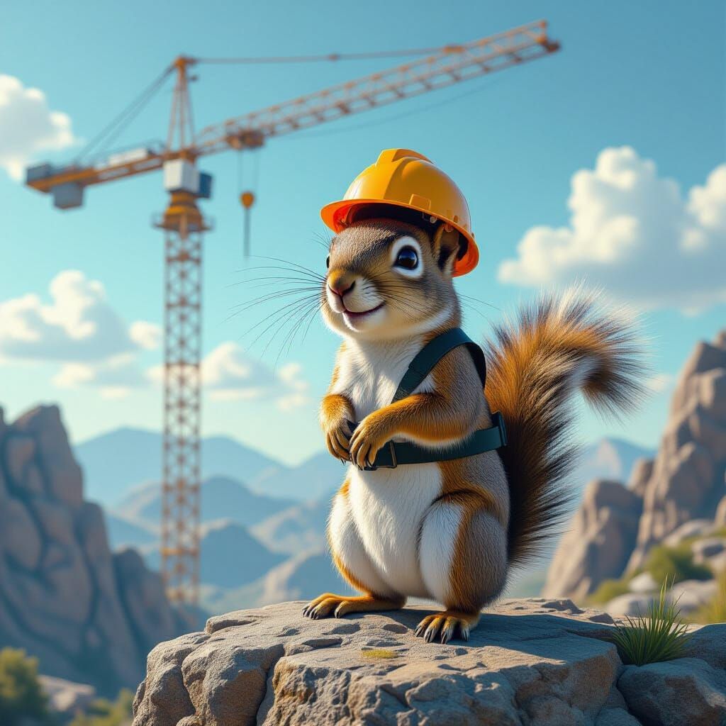 Squirrel Builder on Rocky Outcrop in Hyperrealistic Style