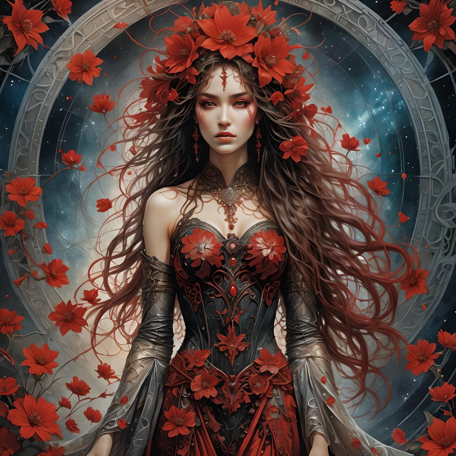 Woman with Red Flowers in Surreal Illustration