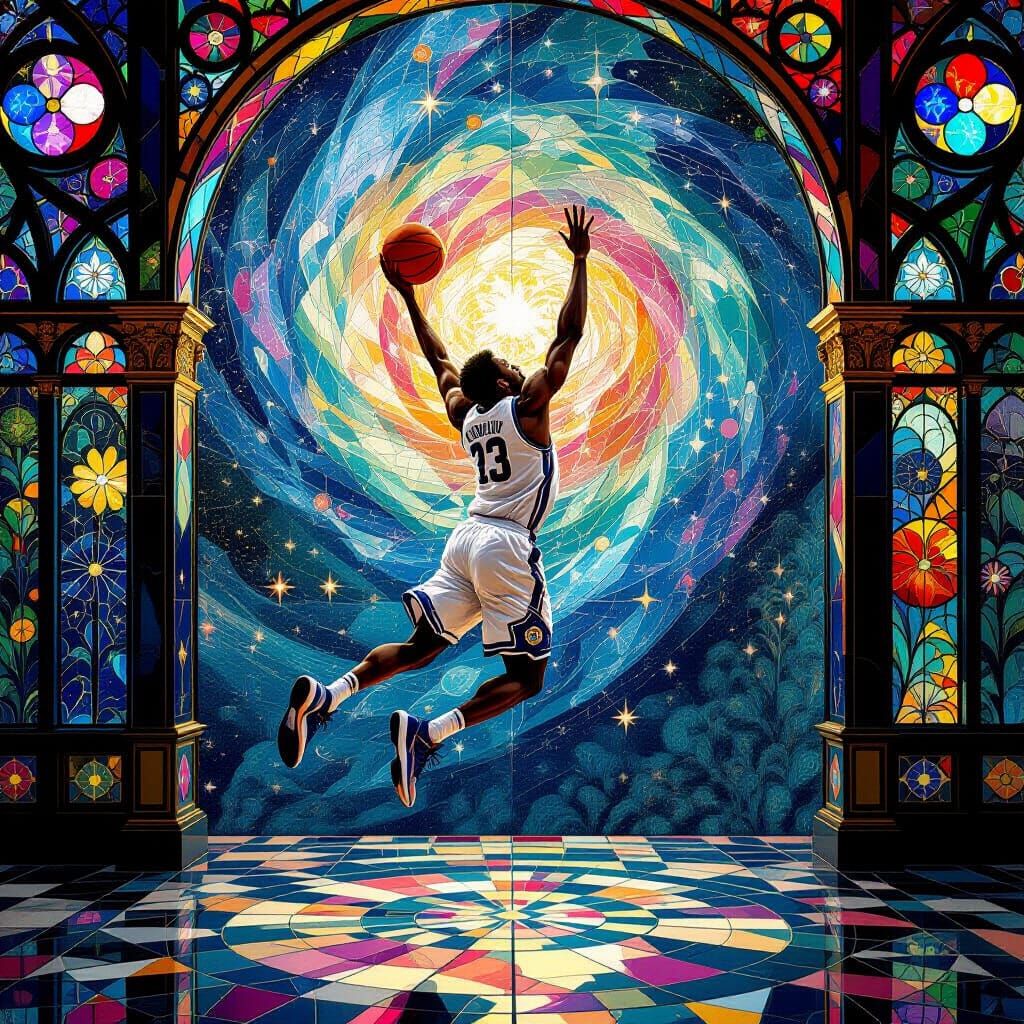 Surreal Basketball Player Soaring Among Stained Glass Trees