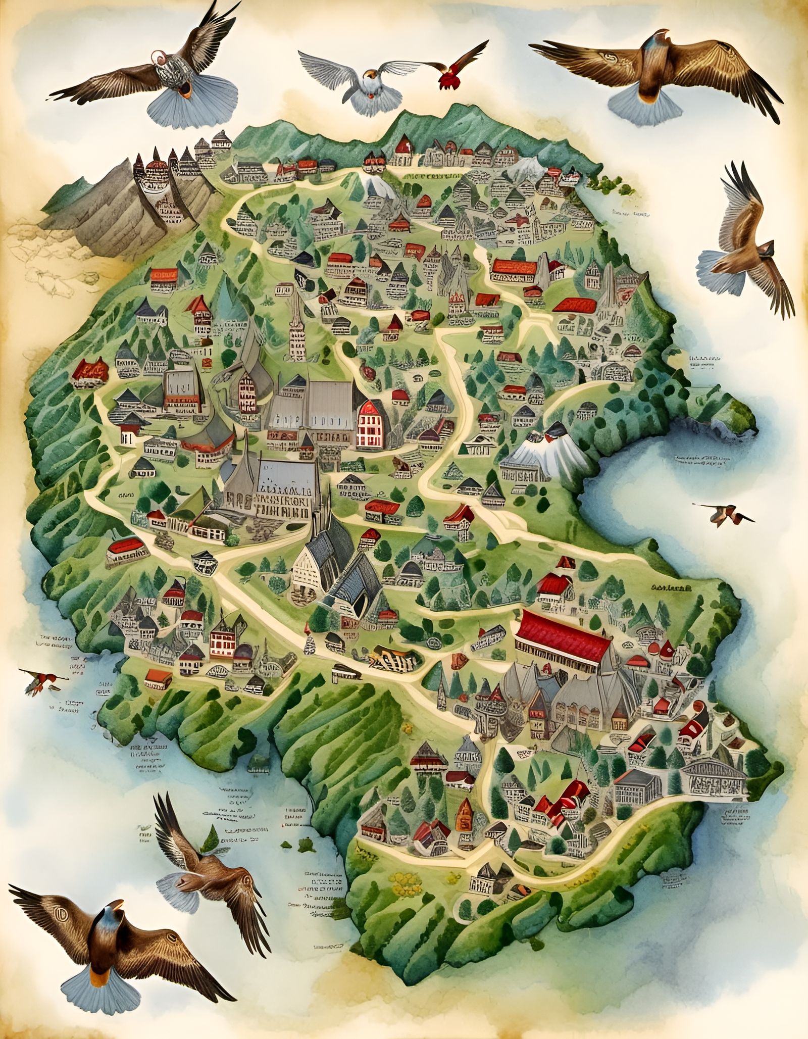 Germany Map with Animals in Watercolor Style