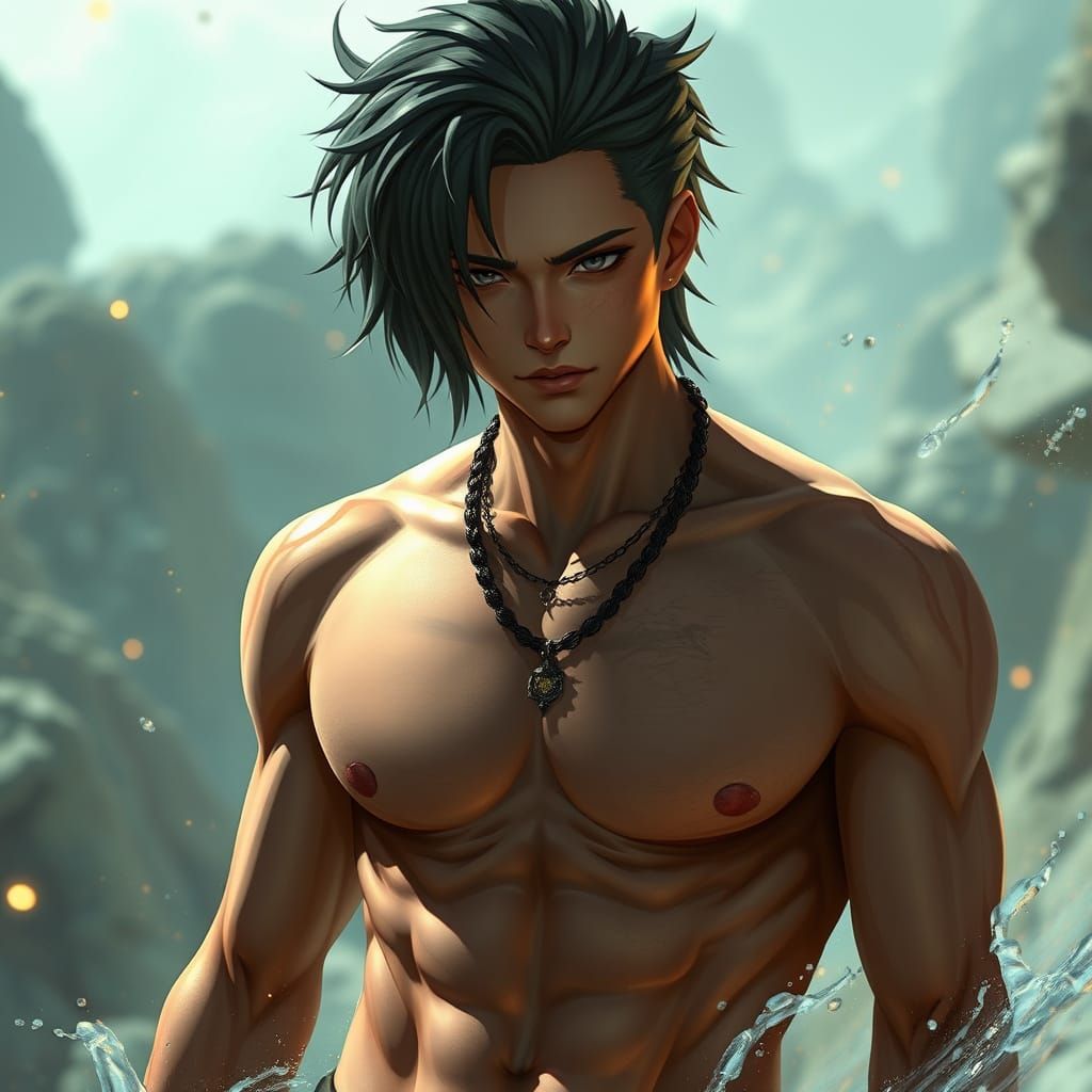 Chiseled Anime Mafia Warrior in a Vibrant Fantasy Realm