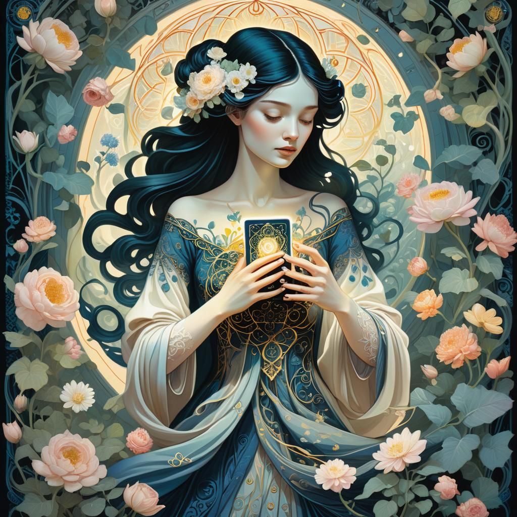 Mystical Woman with Tarot Card in Dreamlike Setting