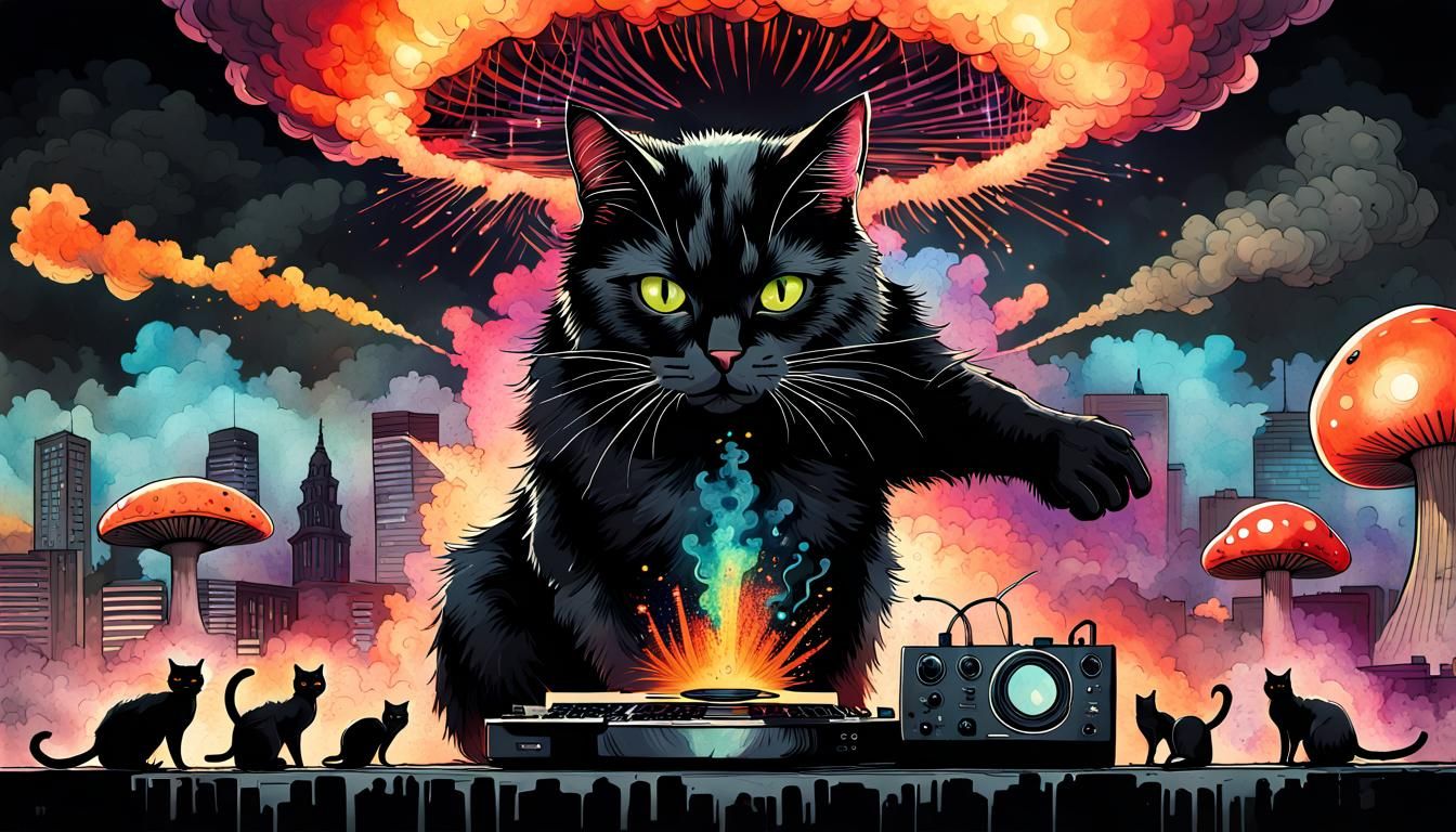 Cat DJ Rocks Glasgow in Watercolor Atomic Art