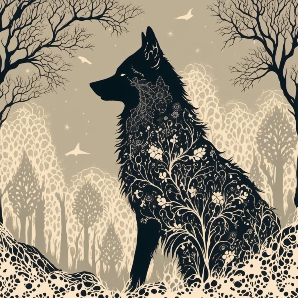 Lace Wolf Silhouette Howling at the Moon