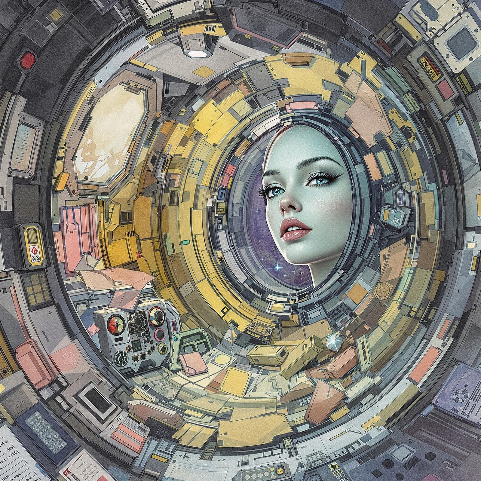 Elegant Hologram in a Damaged Spaceship Interior