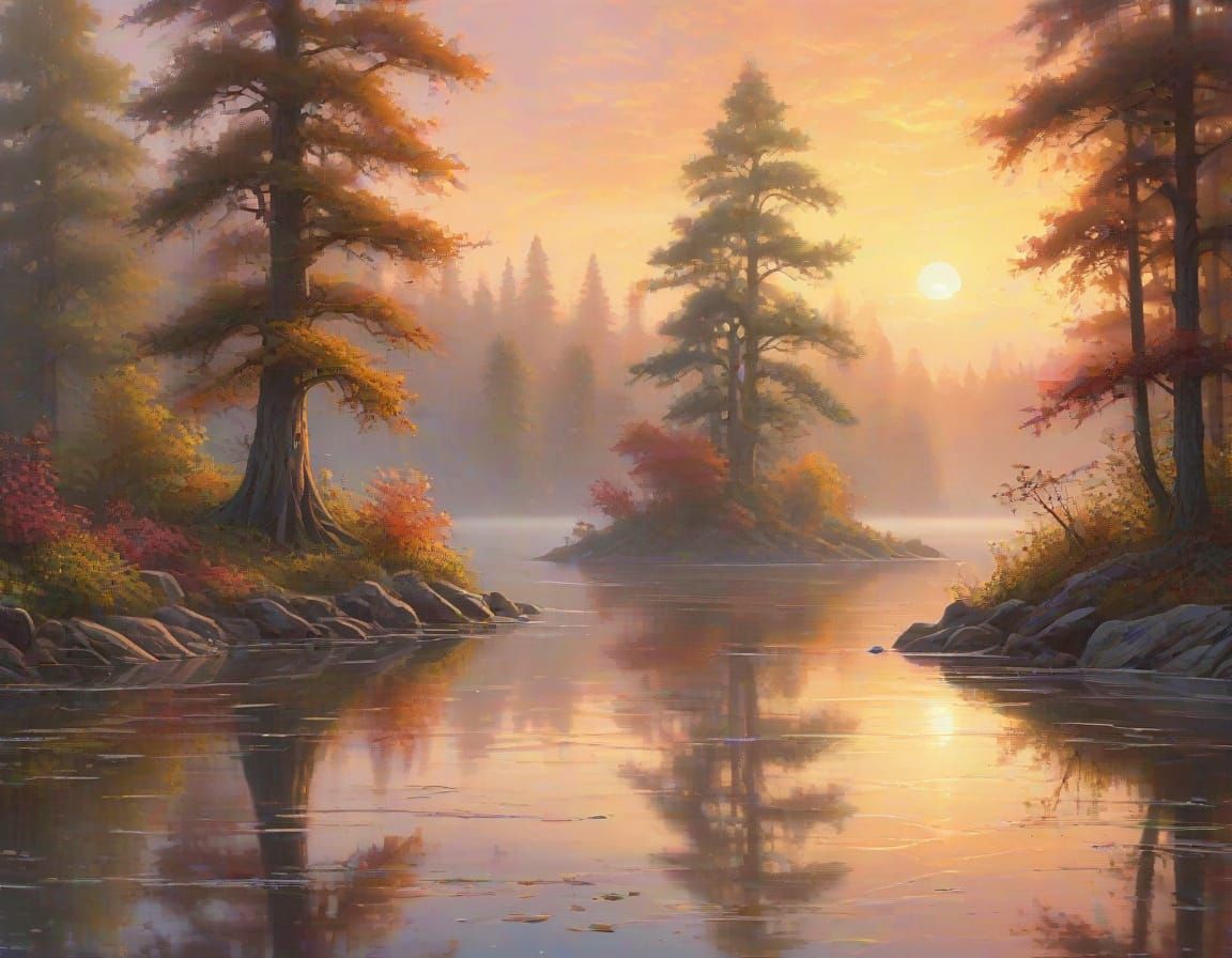 Enchanting Sunrise Over Misty Lake: Gouache Painting