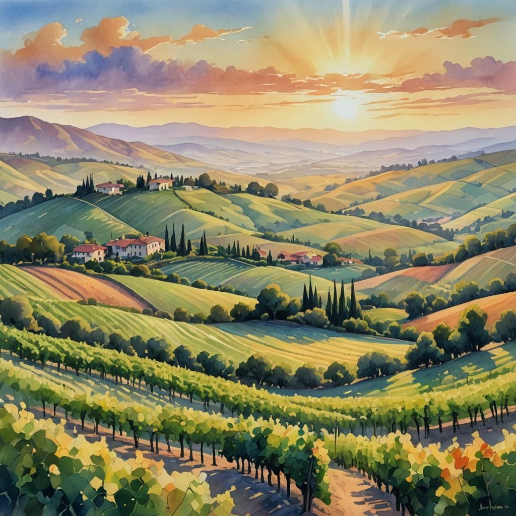 California Vineyard Sunrise: Impressionist Gouache Landscape