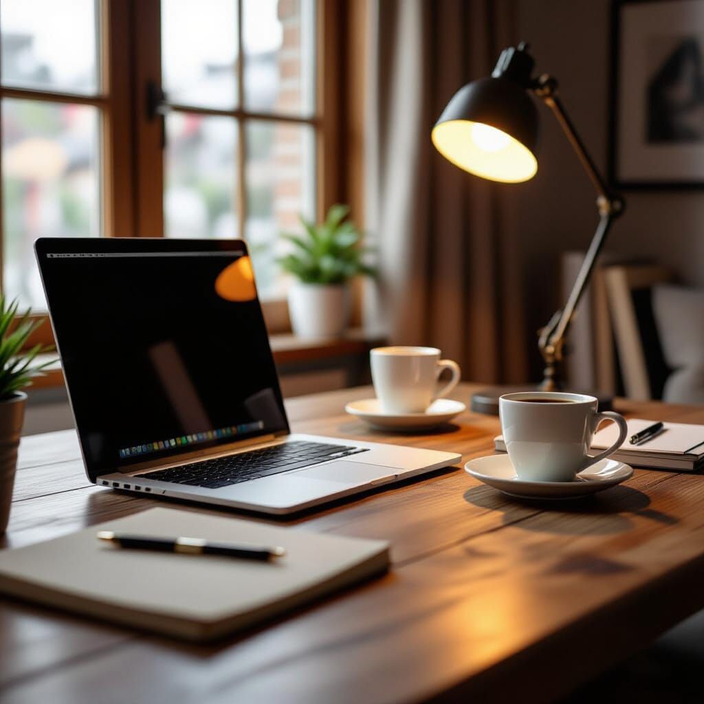 Cozy Modern Desk with Laptop and Coffee