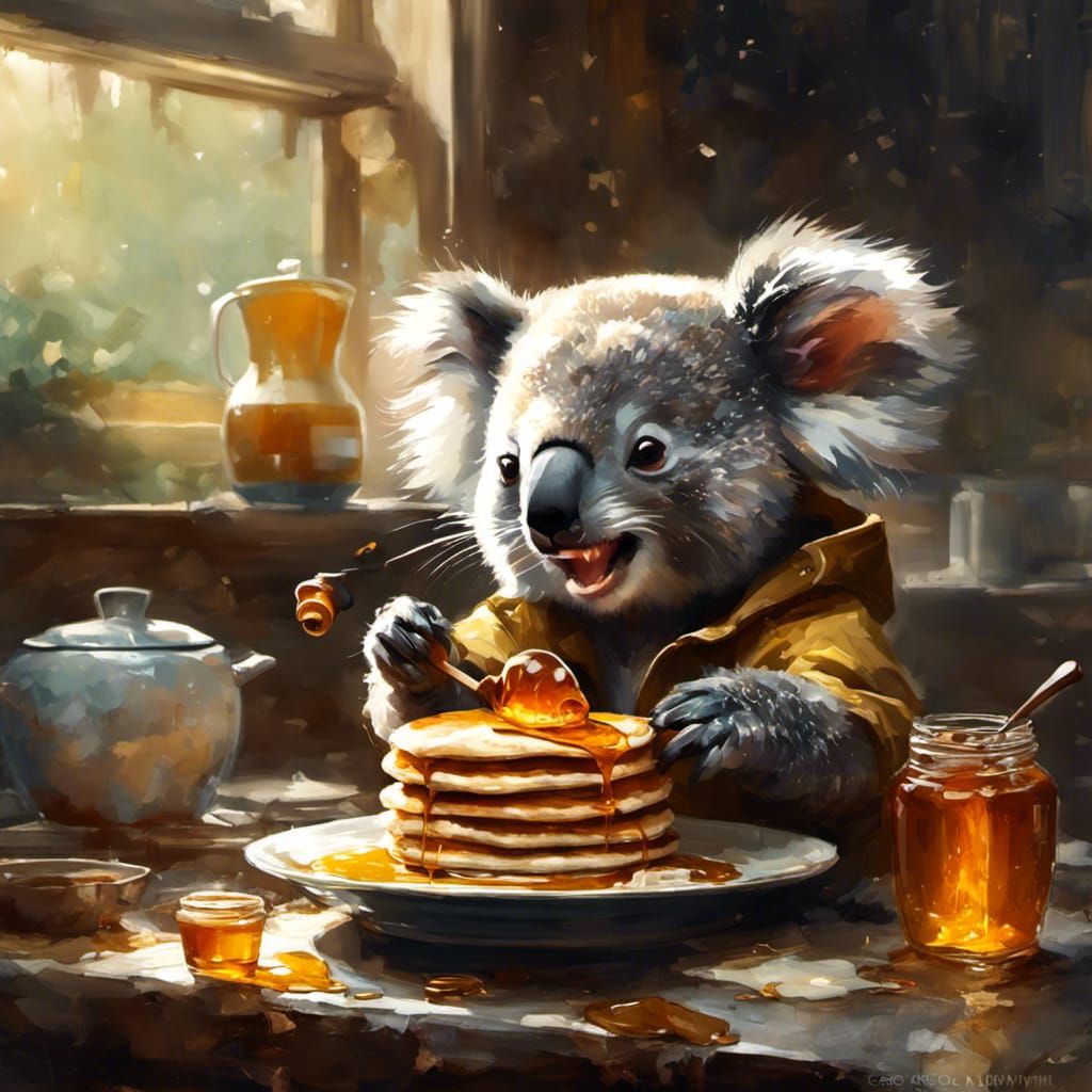 Eating pancakes with honey