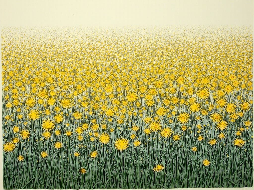 Vibrant Meadow of Dandelions in Intricate Linocut Style