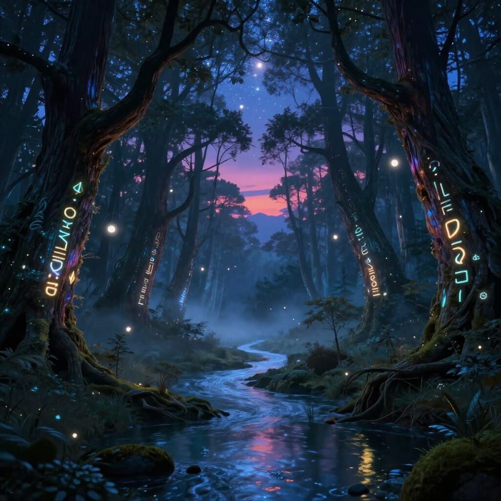 Magical Twilight Forest with Glowing Runes and Floating Ligh...