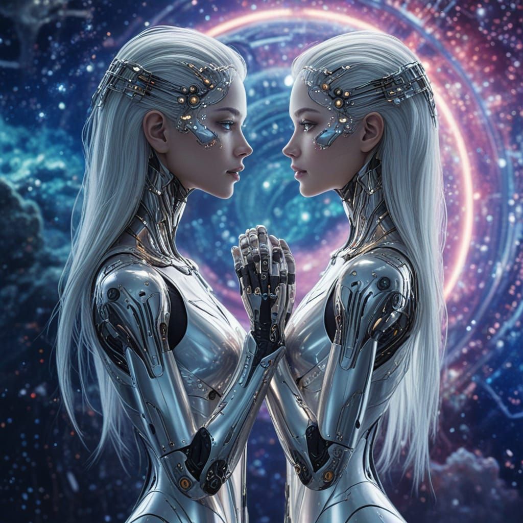 Futuristic Android Lovers in Cosmic Nebula