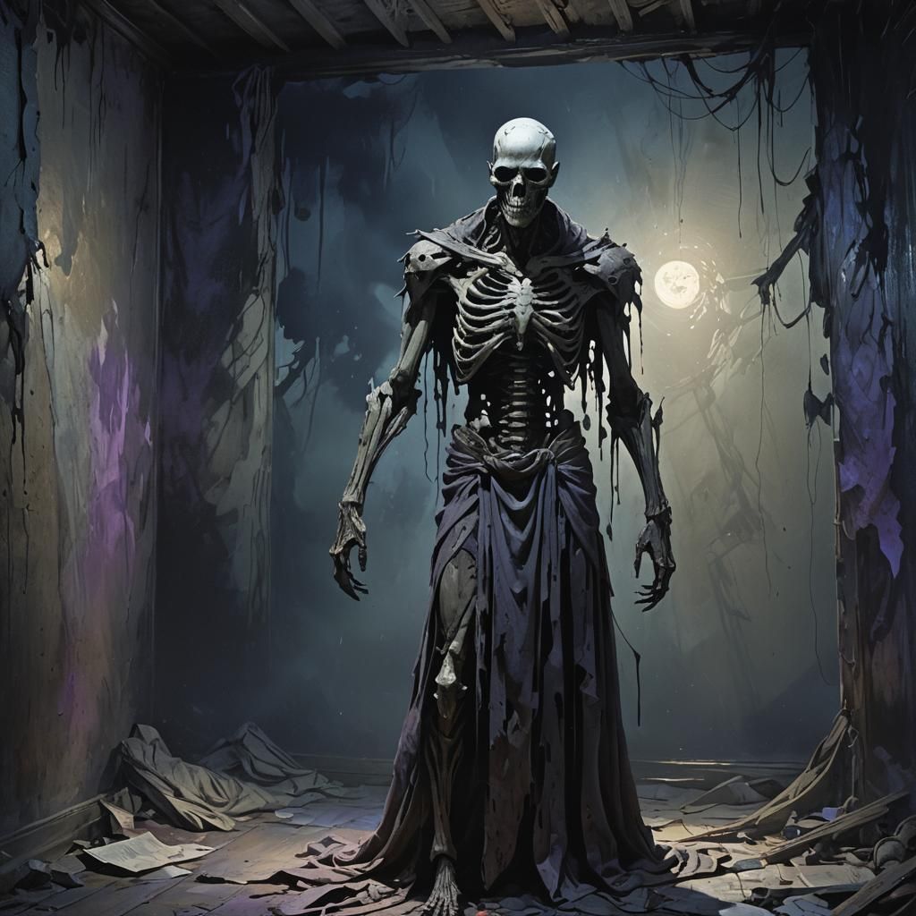 Gaunt Figure in Decrepit Room: Dark Fantasy Concept Art