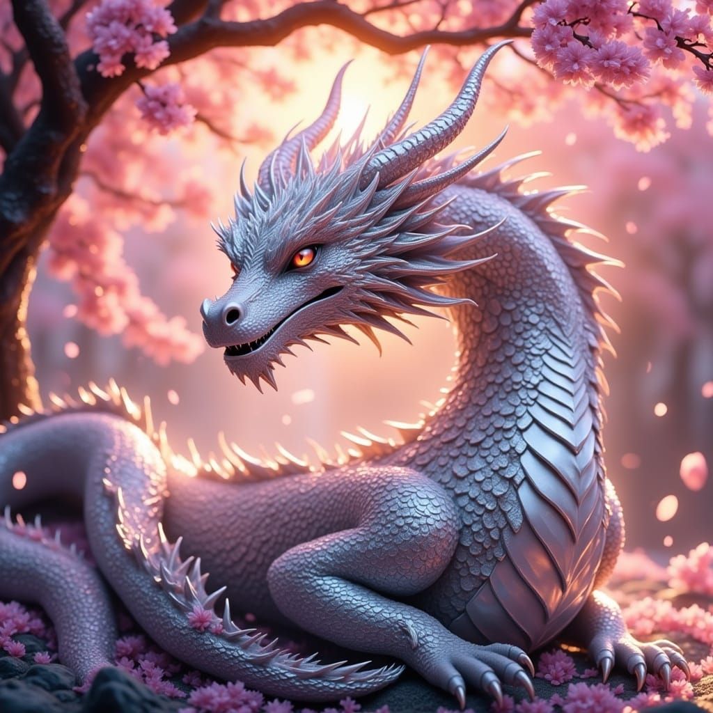 Ethereal Silver Dragon Under Cherry Blossoms