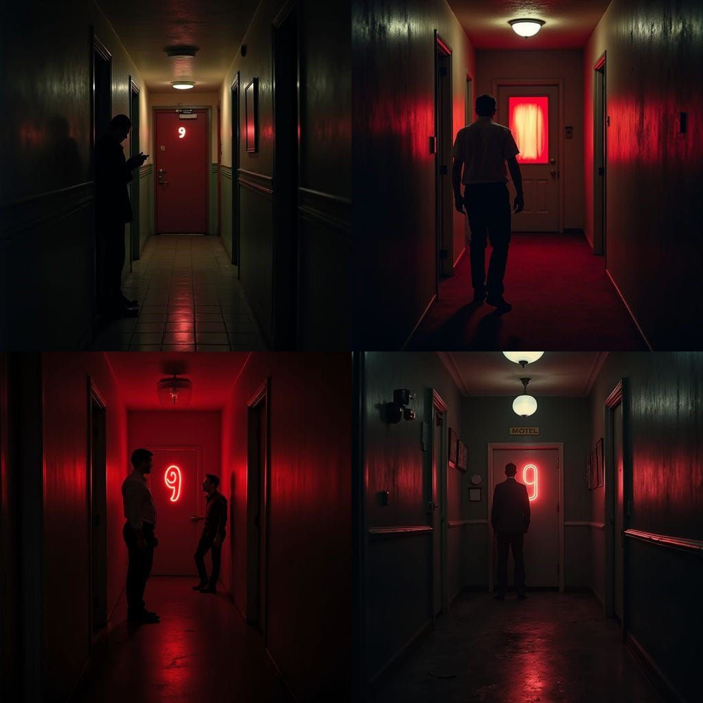 Scary Motel Hallway: Glowing Door and Shocked Man