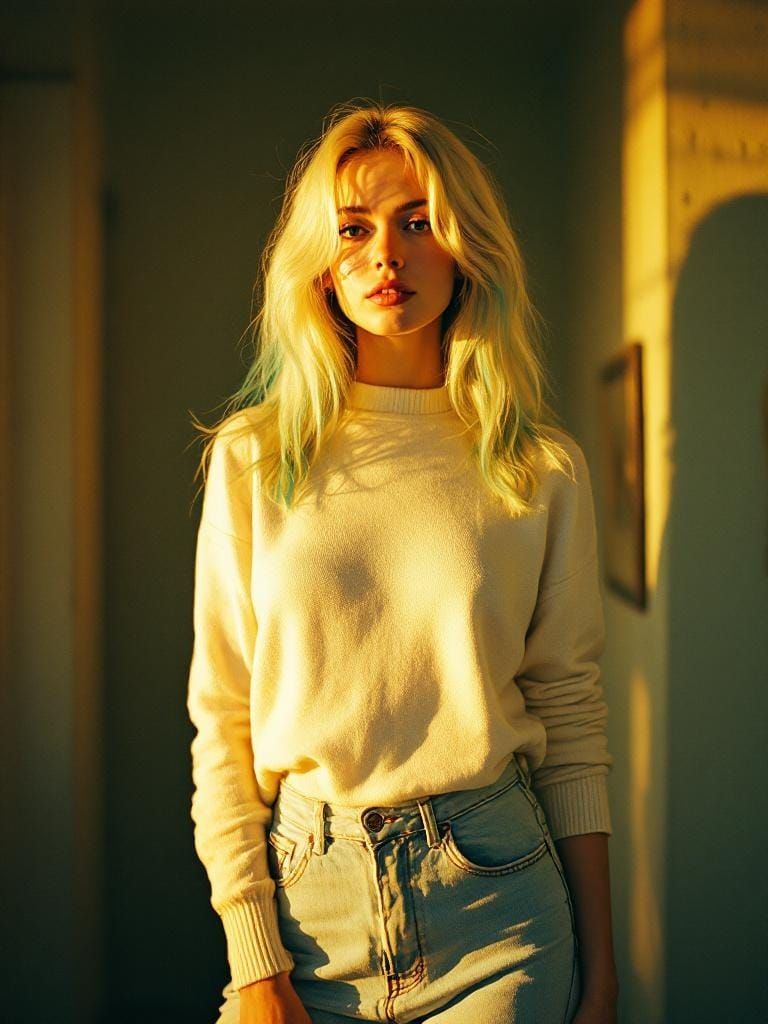 Golden Hour Portrait: Woman with Teal Hair in 1970s Film Sty...